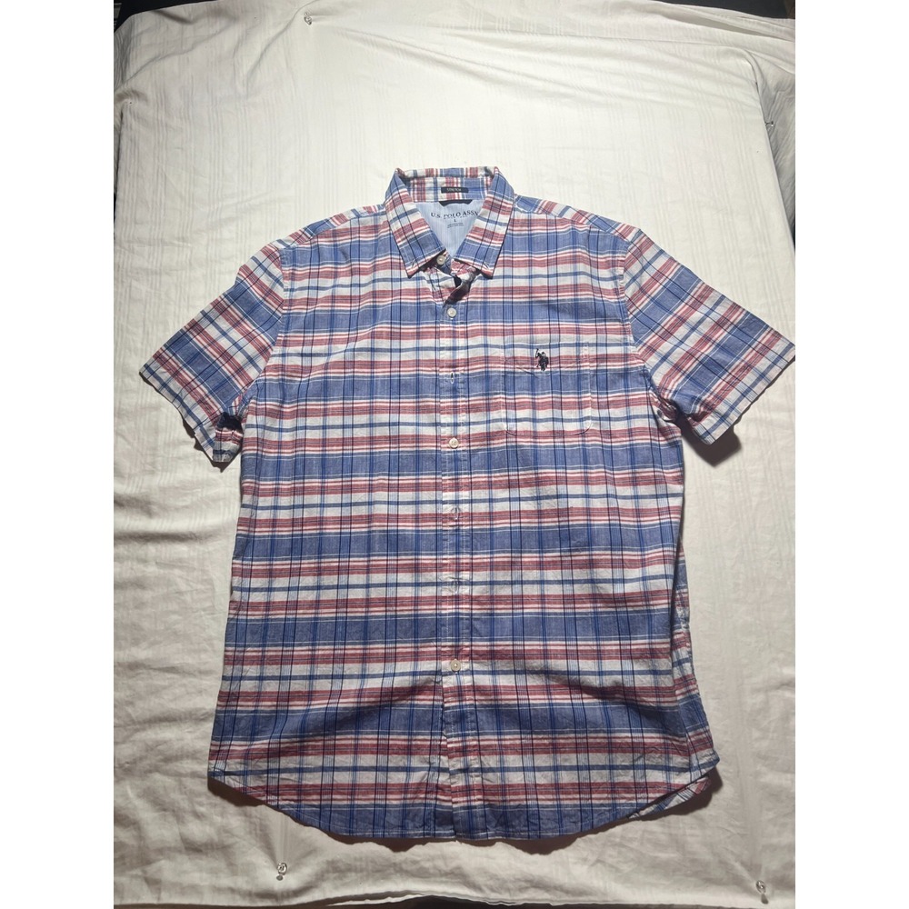 US Polo Assn Shirt Mens Large Blue Red Plaid Button Up Short Sleeve Collared